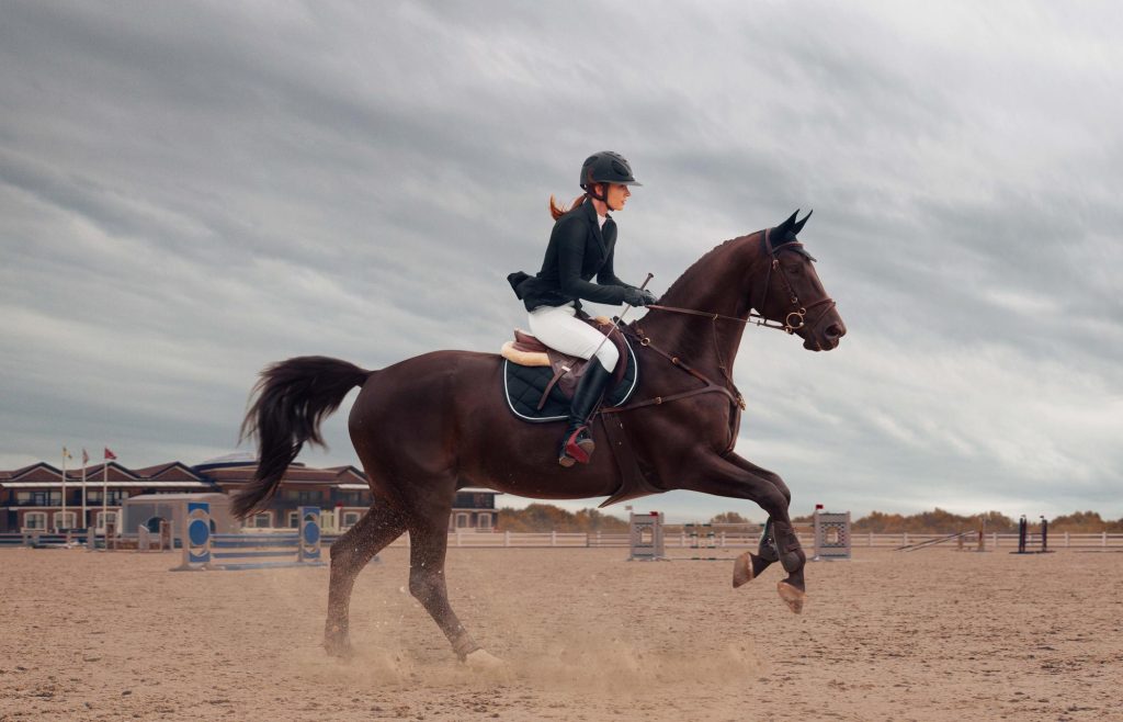 Mujer saltando con un caballo de competición reglada